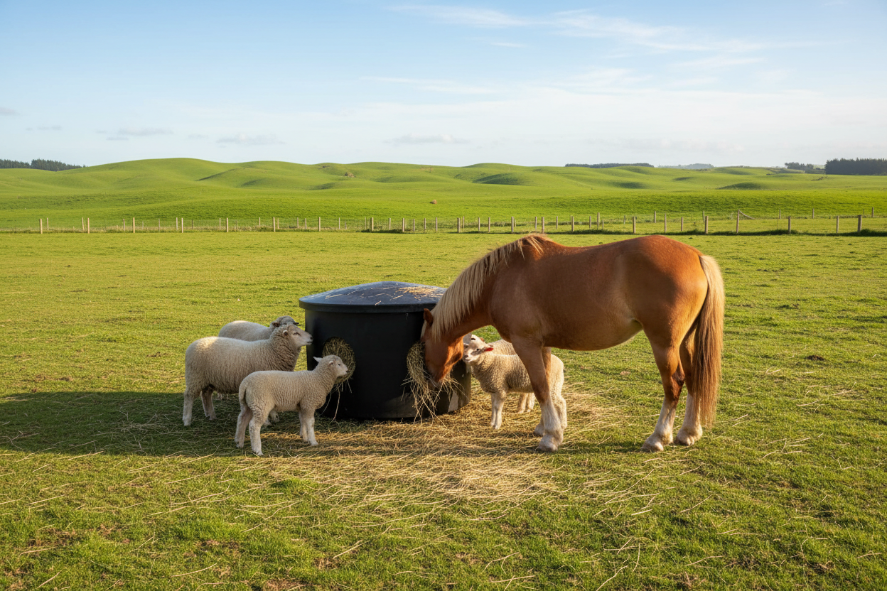 Hay Bar with horses and sheep